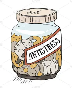 猫——抗压力的药物。欢快的手绘矢量海报。