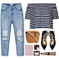 A fashion look from March 2016 featuring navy blouse, ripped boyfriend jeans and pointy-toe flats. Browse and shop related looks.