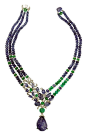 LOdyssée de Cartier high jewellery necklace in platinum, set with a 67.94ct carved sapphire, melon-cut sapphire, emerald beads, sapphire carved leaves and diamonds.@北坤人素材