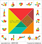 Tangram set, cut & play. Collection of printable tangram solution cards. 16 objects and a square made of tiling tangram pieces, geometric shapes. Learning game for kids, ancient Chinese puzzle. Vector