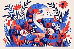 扁平风蛇年清新色块插画
