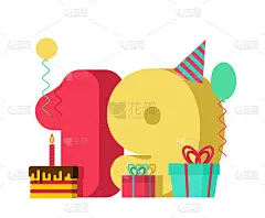 19岁生日标志。模板贺卡周年庆典。十九号和节日的一块蛋糕和蜡烛。气球和礼品盒。