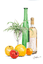 静物水彩画イラスト　２本の洋酒瓶と果物にコップのオリズルランを描いた静物水彩画イラスト
