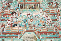 【披巾“弹指”舞】#遇见敦煌#莫高窟第359窟，中唐。在长方形表演区内，舞伎双手高举头顶，十指交叉，似正在“弹指”。至今中国新疆及中亚一带的民族民间舞中，在舞至激烈时，仍常常双手交叉弹拨手指以烘托气氛。