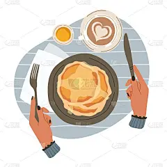 早餐和手。俯视图的早餐。卡通人物用刀叉吃早午餐。美味的煎饼或者一杯卡布奇诺。主人公在咖啡馆吃午饭。矢