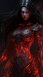 a beautiful woman, in red charred meat organic armor, with long black hair, fire, in the style of digital painting, jaged, dark fantasy, devilcore, 32k uhd, artgerm, halloween, ultrafine detail, clear edge definition, art by Emil Melmoth, Giger, Marcin Na