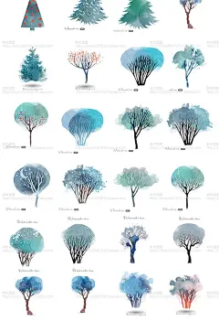 手绘水彩圣诞冬季树房屋景观插画背景图片png免扣eps矢量设计素材-淘宝网