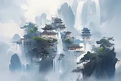 古风建筑古风山水树木壁纸素材