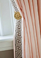 Rose linen drapery panel with chocolate and white Greek Key border