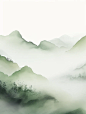 水墨山水画古泰派风格柔和梦幻的风景草本植物柔和的薄雾海报