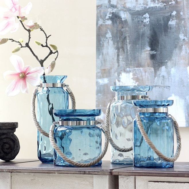 麻绳金属手提蓝色波点玻璃花瓶 创意装饰地...