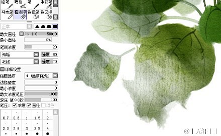 sai我用到的笔刷数值及效果图。强度按具...