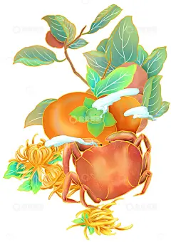 手绘秋天大闸蟹螃蟹菊花柿子素材高清模板免费下载-趣麦麦图