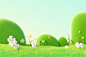 3d green grass and trees in the grass, in the style of playful, whimsical illustrations, delicate flowers, rendered in cinema4d, mori kei, playful cartoons, spiky mounds, white and green