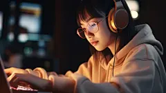 (1/4) 一位年轻的亚洲女孩在晚上使用她的笔记本电脑，戴着耳机，呈现出橙色和金色的灯光效果，具有游戏核心风格，类似于Shilin Huang的照片现实主义技巧，新学院主义，竞赛获胜者，Cecilia Beaux(AI绘图来自WeDraw.art)