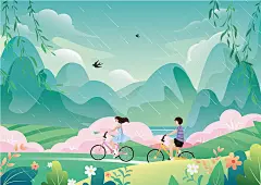 情侣清明户外踏青骑单车插画下载