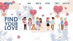 约会网站的设计，矢量插图。 找到你的爱情,登陆页面模板与浪漫夫妇卡通人物. 网上搜寻伴侣、男友或女朋