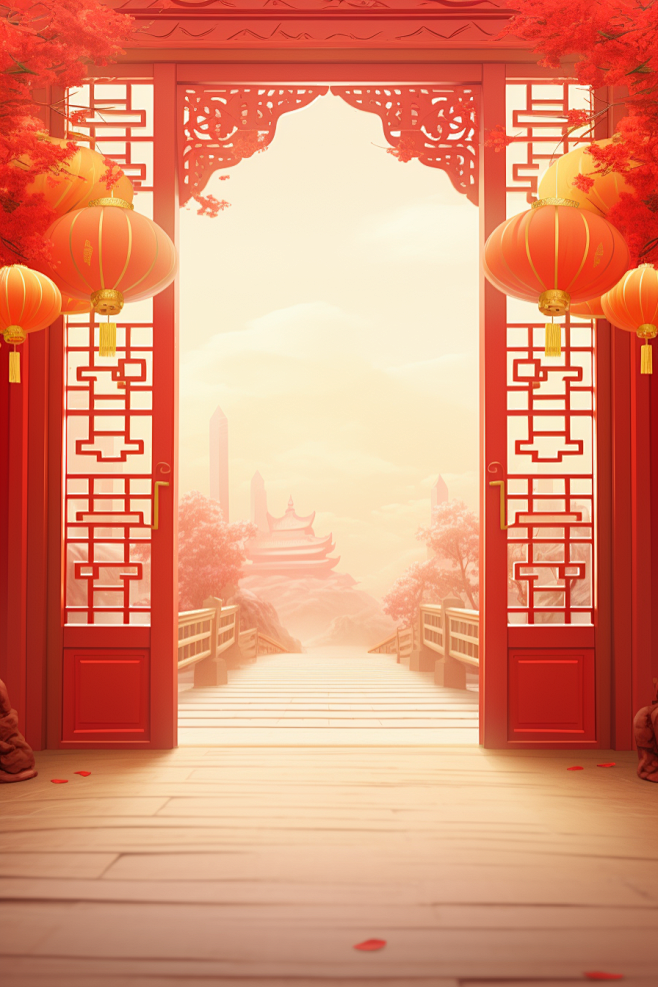 中国风门楼开门红喜庆背景图