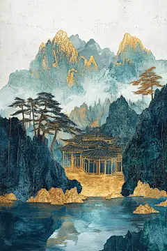 中式鎏金山水名画