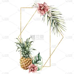 水彩金色框架菠萝，木槿，九重葛和棕榈叶。手绘热带卡片与花孤立在白色的背景。花插图设计，打印，背景。