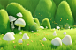 cartoon 3d grass field with white mushrooms and grasses, in the style of dan matutina, delicate flowers, moshe safdie, green, soft, romantic landscapes, eye-catching detail, harmonious balance