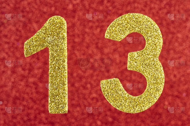 数字13,数字,金色,周年纪念,红色背景,彩色图片,第13天,12岁到13岁,水平画幅,绘画插图