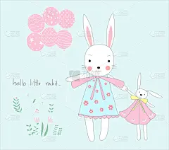 The cute baby rabbit with balloons. cartoon sketch