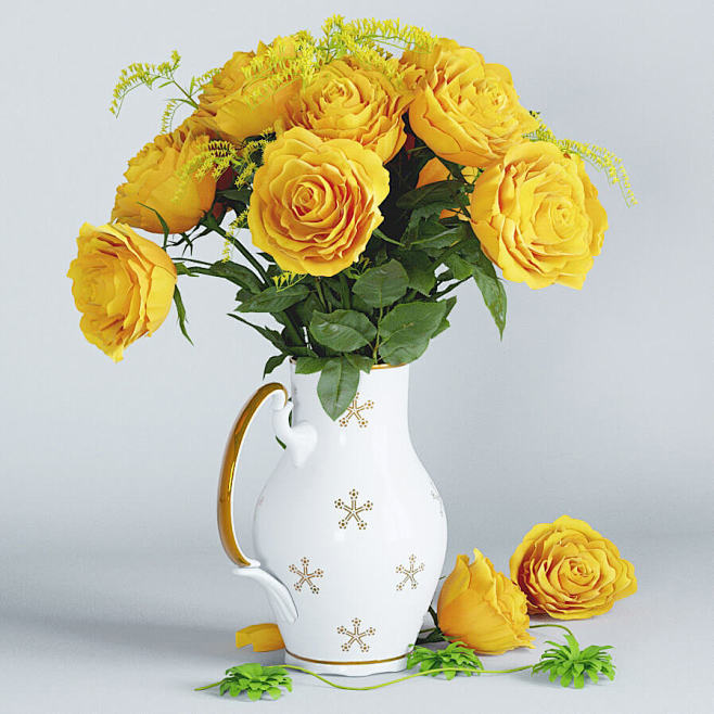 花瓶中的黄色玫瑰花束3D模型（OBJ,F...