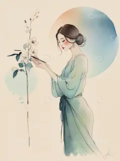 美丽的女性水墨水彩插画3高清模板免费下载-趣麦麦图