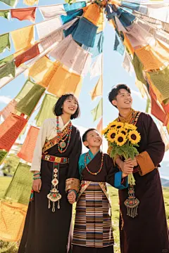 西藏旅游藏族民族服饰亲子外出游玩家庭合照