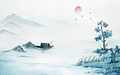 水墨老树水草小船山水插画背景古风山水