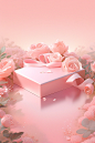 An empty pink gift box surrounded on roses, in the style of realistic landscapes with soft, tonal colors, editorial illustrations, resin, subtle gradients