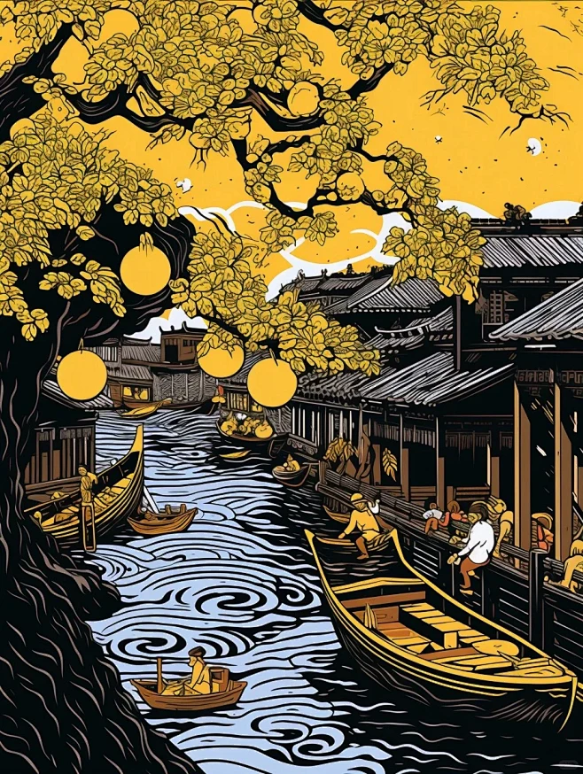 双色木刻版画：柠檬树下