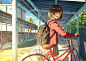 Anime 2456x1736 anime girls anime brunette backpacks bicycle vehicle short hair brown eyes school uniform Sugi87