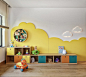 Bright, playful nursery decor with cloud-shaped shelves and storage units on wooden floor.