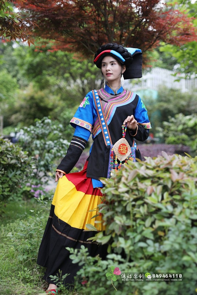 少数民族服装女彝族四川凉山云南丽江广西火把节舞蹈表演头饰套装淘宝