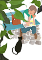 A black cat and a girl reading a book