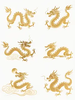 中国传统水墨风格的系列龙纹图案，白色背景，六个完全不同造型的金色龙元素，每个龙的姿态各异，有的盘旋上升，有的俯冲向下，有的回首望月，有的腾云驾雾，有的静卧沉思，有的蓄势待发，保持原有的水墨笔触质感和线条流畅度，规整排布成两行三列的集合，整体色彩变换为金色，突出龙的威严与尊贵，展现中国传统文化的韵味与气势