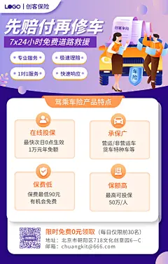 插画卡通车险产品投保宣传手机海报