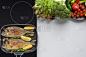 蔬菜,清新,鱼类,迷迭香,美味,白色,格子烤肉,莴苣,烤的,食品
