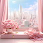 3d cityscape view with bouquet on window sill, in the style of light pink, feminine sensibilities, contest winner, hurufiyya, petrina hicks, exotic atmosphere, lively tableau