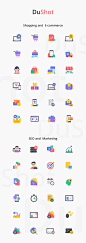 Icons : DuShot is a premium quality set of 100 flat style illustrations with 3 categories (Business and Finance, SEO and Management, Shopping and E-commerce). Illustrations come in SVG, PNG, Adobe Illustrator and Sketch format.