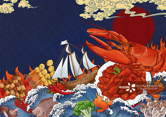 插画,海产,龙虾,国潮风,海洋正版图片素...