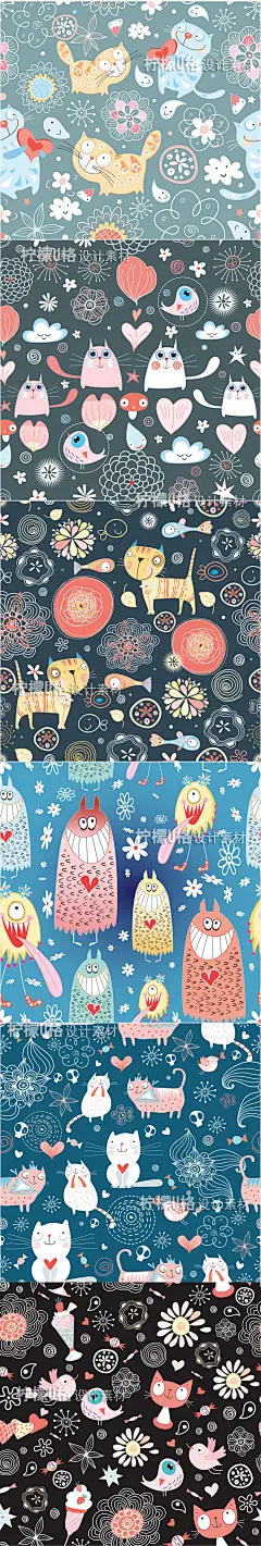 卡通可爱手绘动物猫狗小鸟表情时尚个性涂鸦儿童插画无缝背景设计-淘宝网