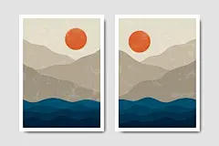简约抽象画日出日落风景装饰画插画背景矢量图设计素材