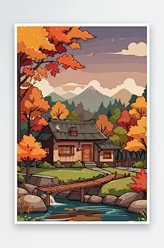 卡通秋季山间小木屋景色插画