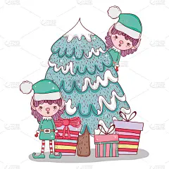 elfs with pine trees and christmas presents