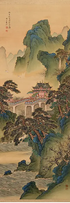 袁江——《亭台楼阁》高清欣赏  |  
清|袁江(1662-1735)字文涛，号岫泉。江都(今江苏扬州)人。是中国绘画史上有影响清代画家，宫廷画家，专攻山水楼阁界画。楼阁工整山水当时以袁江最有名,其侄子袁耀同齐名。擅画山水、楼台、师法宋人。山水画主学宋代闫次平，画石多鬼皴，楼阁主学郭忠恕，画艺从师仇英。