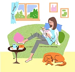 狗,沙发,青年女人,书,仅日本人正版插画素材