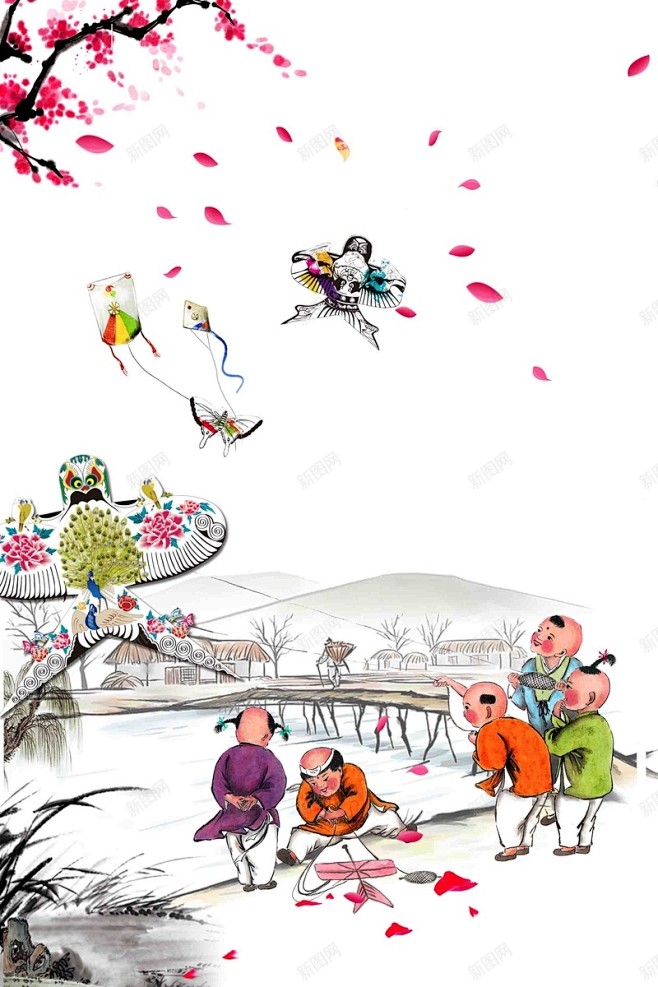 中国风手绘风筝节海报背景模板 风筝节 背...